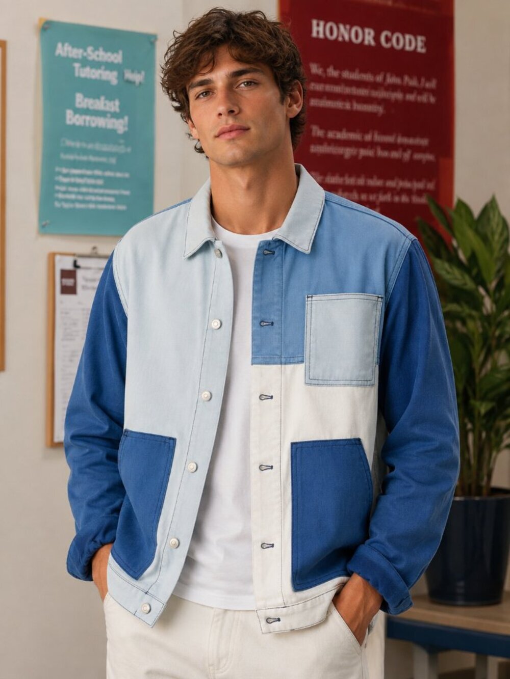Zara Jacket XL Blue White Patchwork Denim As Seen on TV Celeb Overshirt Shacket